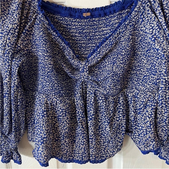 Free People Blue Ruched Crop Blouse - Picture 3 of 5